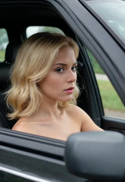 ((A picture taken from outside the car 1.8), from 300 meters away 1.7), spy shot, ((the girl is inside her car)), driving the car, naked, voyeur, long lens, paparazzi style, 30 years old girl, window voyeur, blonde sraigt hair, black suv car