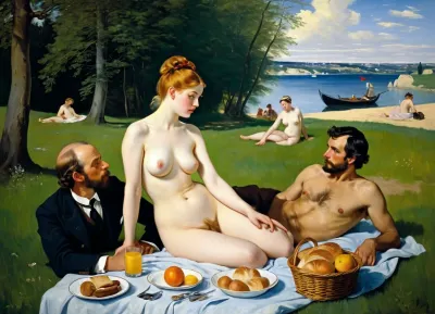 masterpiece, full color image, 8K quality, "Breakfast on the grass"— a painting by the French artist Edouard Manet, painted in 1863. two fully clothed men with a naked beautiful woman and a bathing girl in the background in nature, a naked woman shamelessly looks directly at the viewer, the style of the painting breaks with the academic traditions of the time. The harsh "photographic" light eliminates semitones, and the men are dressed like dandies. They're so engrossed in the conversation that they don't seem to notice the women at all. In front of them lies discarded women's clothes, a fruit basket and round bread. In the background, a second woman in light clothes washes in the river. The painting puzzles with the "wrong" perspective, an excessively large female figure in the background in an autonomously illuminated, unreal space. The background of the painting lacks depth, giving the impression that the whole scene is not taking place in nature, but in a studio. This impression is enhanced by the light, which gives almost no shadows. The painting is made with oil paints