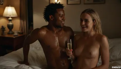 interracial couple, Emma is a happy, contentedly naked, a stunningly beautiful 25-year-old white Scandinavian woman. Emma stands after exceptionally passionate sex in her colorful student apartment, depicted in detail, completely out of breath, surprised, and incredulous. Semen is spread all over her exciting and athletic body, she drinks a glass of champagne, (perfect sparkling champagne in the perfect glass:1), Perfect face, candid natural pose, perfect hands, perfect fingers, perfect teeth, Moody lighting, various emotions, various facial expressions, various perspectives, in the backdrop of Emma is a naked African muscular man with a large, semi-erect penis lies in a messy bed, 8k, photorealistic, FRESHIDEAS, Real, Photography, 2#, bukkake, cum, <lora:FRESHIDEAS Real Photography 2#:.5>, <lora:add-detail-xl:.6>, <lora:MJ52:.4>, <lora:MS_Real_XL_Bukkake:.8>