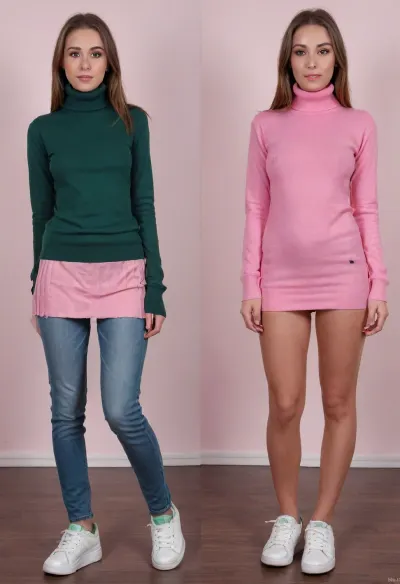 Before and after, a shy conservative Christian girl, fully clothed, wearing a green turtle neck pullover, (long jeans pants and dark green turtleneck pullover and white sneakers on first image:1.4), BREAK, the same girl turned into a complete slut, (slutty outfit, she is wearing an extremely short pink pleated micro skirt and white t-shirt and extremely elevated pink platform high heels on second image:1.3), <lora:OnoffXL_ExtraCrispy:.4>
