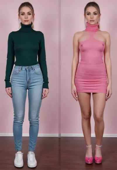 Before and after, a shy conservative Christian girl, fully clothed, wearing a green turtle neck pullover, (long jeans pants and dark green turtleneck pullover and white sneakers on first image:1.4), BREAK, the same girl turned into a complete slut, (slutty outfit, she is wearing an extremely short pink pleated micro skirt and extremely elevated pink platform high heels on second image:1.3), <lora:OnoffXL_ExtraCrispy:.4>