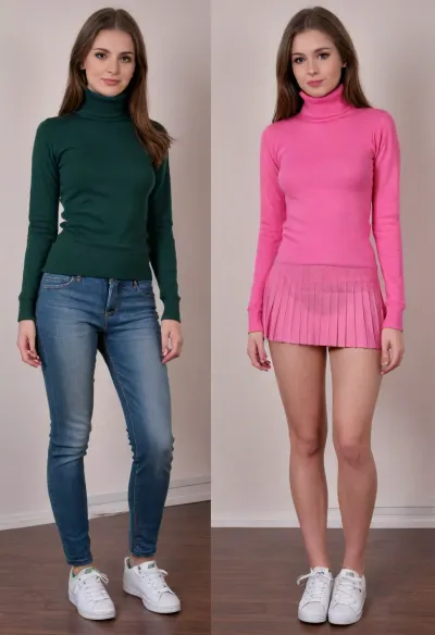 Before and after, a shy conservative Christian girl, fully clothed, wearing a green turtle neck pullover, (long jeans pants and dark green turtleneck pullover and white sneakers on first image:1.4), BREAK, the same girl turned into a complete slut, (slutty outfit, she is wearing an extremely short pink pleated micro skirt and white t-shirt and extremely elevated pink platform high heels on second image:1.3), super high platform high heels on second image, <lora:OnoffXL_ExtraCrispy:.4>