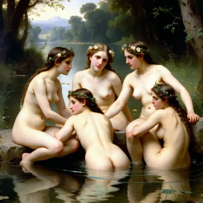masterpiece, full color image, 8K quality, ""Nymphs and Satyr" by William Bouguereau, painted in 1873, the painting depicts a group of nymphs who, bathing naked in a secluded pond, discovered a voluptuous satyr peeping at them. Surrounding him from all sides, they drag the satyr, who is resting his hooves into the water, the aristocratic seductiveness of the nymphs is visible. Bouguereau's painting technique is characterized by soft transitions of tones and detail, which enhances the symbolism of the plot. The painting is made with oil paints