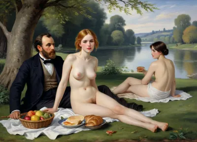 masterpiece, full color image, 8K quality, "Breakfast on the grass"— a painting by the French artist Edouard Manet, painted in 1863. two fully clothed men with a naked beautiful woman and a bathing girl in the background in nature, a naked woman shamelessly looks directly at the viewer, the style of the painting breaks with the academic traditions of the time. The harsh "photographic" light eliminates semitones, and the men are dressed like dandies. They're so engrossed in the conversation that they don't seem to notice the women at all. In front of them lies discarded women's clothes, a fruit basket and round bread. In the background, a second woman in light clothes washes in the river. The painting puzzles with the "wrong" perspective, an excessively large female figure in the background in an autonomously illuminated, unreal space. The background of the painting lacks depth, giving the impression that the whole scene is not taking place in nature, but in a studio. This impression is enhanced by the light, which gives almost no shadows. The painting is made with oil paints