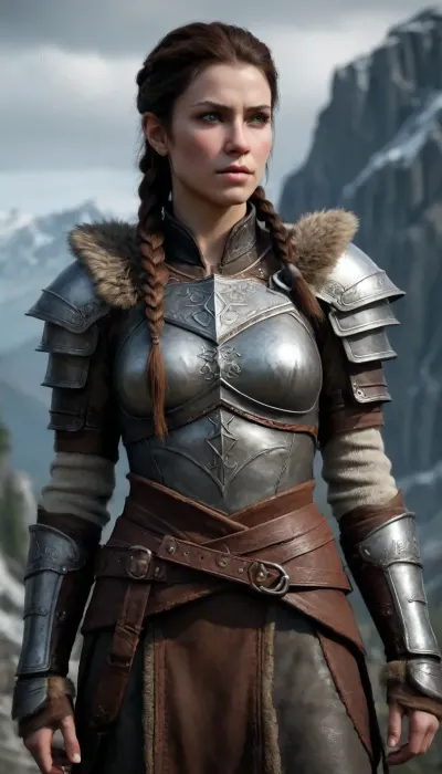 Lydia from Skyrim, loyal Nord housecarl warrior, tall and strong with an athletic build, fair skin, long dark brown hair tied back, stern yet protective expression. Wearing iconic steel Nordic armor with fur accents. Medieval Nordic fantasy setting, Skyrim mountains and stone fortresses in the background, cold misty atmosphere. Cinematic, highly detailed, dark fantasy realism, heroic and stoic presence.