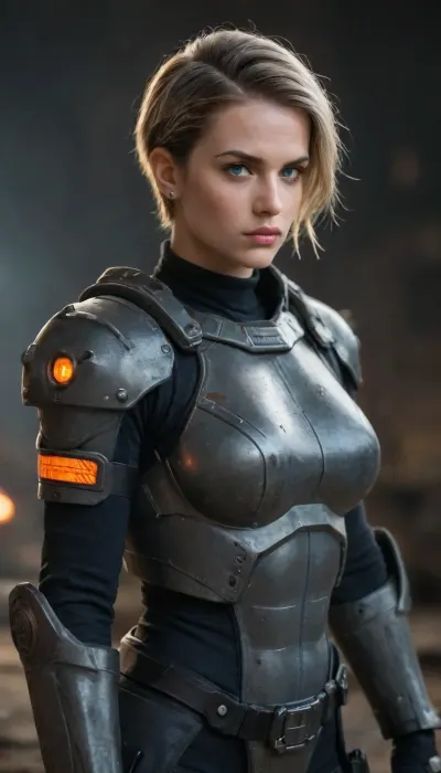 Sergeant Calhoun from Wreck-It Ralph, tall and athletic female commander, powerful and intimidating presence. Short blonde pixie-cut hair, sharp blue eyes, scar across her face, stern and commanding expression. Wearing her iconic futuristic black and silver high-tech battle armor with glowing blue accents, armored boots and gauntlets. Standing in a war-torn futuristic battlefield with explosions and neon-lit skies, cinematic, highly detailed, realistic CGI-inspired style, heroic yet fierce atmosphere.