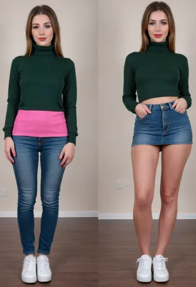 Before and after, a shy conservative Christian girl, (she is relatively confident on first image:1.1), fully clothed, wearing a green turtle neck pullover, (long jeans pants and dark green turtleneck pullover and white sneakers on first image:1.4), BREAK, the same girl turned into a complete slut, (she is extremely ashamed on second image:1.3), (standing insecurely), (slutty outfit, she is wearing an extremely short pink pleated micro skirt and white t-shirt and extremely elevated pink platform high heels on second image:1.3), (platform high heels on second image:1.2), <lora:OnoffXL_ExtraCrispy:.4>