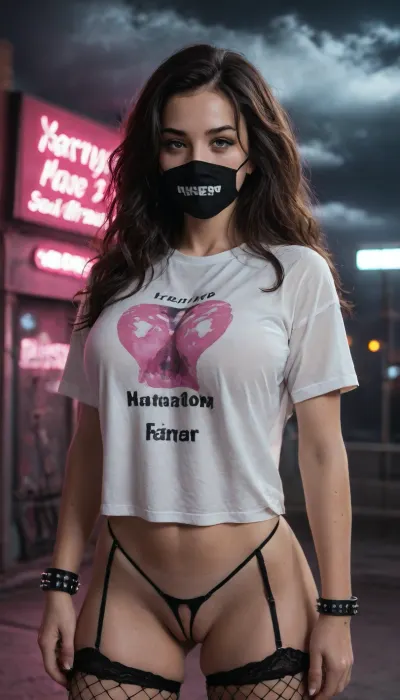 26 year old woman, beautiful face, big Breasts, full-face blush, cosplay, violet parr incredibles, widowmaker, shego from kim possible, dark brown hair, extremely long hair, dark black hair, very long straight hair, light fair skin, freckles, choker, shy, nervous, side swept bangs, soft pale white skin, shiny skin, massive natural breasts, visible ribs, stylized hourglass shaped body, topless, plain black background, wet black fabric, fishnet pantyhose, super toned stomach, black fishnet pantyhose, perfect bubble buttocks, closed mouth, perfect teeth, uhd, uhr, shiny oiled skin, sweaty, lying on wet black fabric, wide open eyes, most beautiful sweetheart in universe, suprised face, expression, cuddle, cleft of venus, puffy pussy, ribs showing, massive saggy breasts, kawii hips, bishoujo shape body, puffy swollen labia, puffier, 1girl, 26 year-old woman, pink long hair, sexy outfit with headphones, female cyberpunk anime girl, fine details, lingerie, candy room, amplifier, (she wears studded bracelets), (((she wears a ART Shirt))), black eyeliner, ((bodypainting)), ((clouds of smoke)), transparent, clothes, (face mask), outdoors, night, neon lights, bright lights, (dark background)