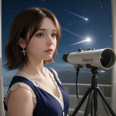 (High-quality photo:1.2), ((beautiful young woman astronom:1.1)), (solitary observer), (woman with long brown hair), (looks through a telescope at a bright comet:1.4), standing in front of, (massive white astronomical telescope:1.3), inside a domed observatory, (bright details:1.1), (complex observatory:1.1), (comet:1.7), (open dome with a view of the night sky:1.2), (thousands of stars:1.1), deep blue gradient of the night sky, (dark blue surroundings of the observatory:1.2), (pierced by light:1.1), (intense lighting), (soft contrast:1.1), (atmosphere of wonder), realism, (super-detail), 8k, photographic quality, craftsmanship, (sharp focus:1.1), professional photography, (high resolution), cinematic lighting
