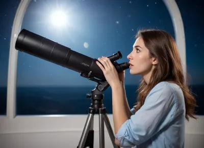 (High-quality photo:1.2), ((beautiful young woman astronom:1.1)), (solitary observer), (woman with long brown hair), (looks through a telescope at a comet with a bright:1.4), standing in front of, (massive white astronomical telescope:1.3), inside a domed observatory, (bright details:1.1), (complex observatory:1.1), (comet with a hazy tail:1.5), (open dome with a view of the night sky:1.2), (thousands of stars:1.1), deep blue gradient of the night sky, (dark blue surroundings of the observatory:1.2), (pierced by light:1.1), (intense lighting), (soft contrast:1.1), (atmosphere of wonder), realism, (super-detail), 8k, photographic quality, craftsmanship, (sharp focus:1.1), professional photography, (high resolution), cinematic lighting