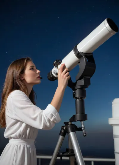 (High-quality photo:1.2), ((beautiful young woman astronom:1.1)), (solitary observer), (woman with long brown hair), (looks through a telescope at a comet with a bright:1.4), standing in front of, (massive white astronomical telescope:1.3), inside a domed observatory, (bright details:1.1), (complex observatory:1.1), (comet with a hazy tail:1.5), (open dome with a view of the night sky:1.2), (thousands of stars:1.1), deep blue gradient of the night sky, (dark blue surroundings of the observatory:1.2), (pierced by light:1.1), (intense lighting), (soft contrast:1.1), (atmosphere of wonder), realism, (super-detail), 8k, photographic quality, craftsmanship, (sharp focus:1.1), professional photography, (high resolution), cinematic lighting