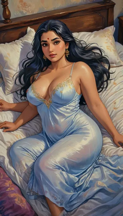 a hand drawn illustration of 30-year-old Indian woman, curvy Indian school teacher, full-figured, chubby body, top angle view, lying forward in bed, soft bed surface, wearing royal white elegant silky night gown, modest but sensual silk nightwear, deep neckline but fully clothed, large natural breasts with visible cleavage, smooth shiny silk gown hugging curves, silky smooth skin, lusty, seductive face, very long black hair spread on the pillow, dim warm bedroom lighting, nighttime mood with soft shadows, Indian bedroom background, natural Indian beauty, sensual but not nude, artistic, gufeng influence, ink and wash textures, ac_neg1, j_cartoon, novuschroma, 14, <lora:J_cartoon:1.2>, <lora:Sattar_Bahlulzade:2>, <lora:detailed_notrigger:1>, <lora:novuschroma14 style:2>