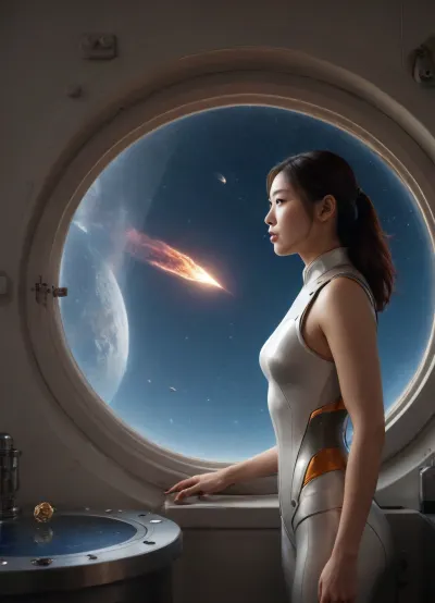 (masterpiece), (best quality), (photorealism:1.2), (ultra-detailing), (high resolution), (volumetric lighting), (intricate detail), full frame, (cyborg asian woman:1.6), standing in an observatory near a spaceship porthole and, (look at a flying comet:1.7), (flying comet in space seen through a porthole:1.7), natural realistic lighting