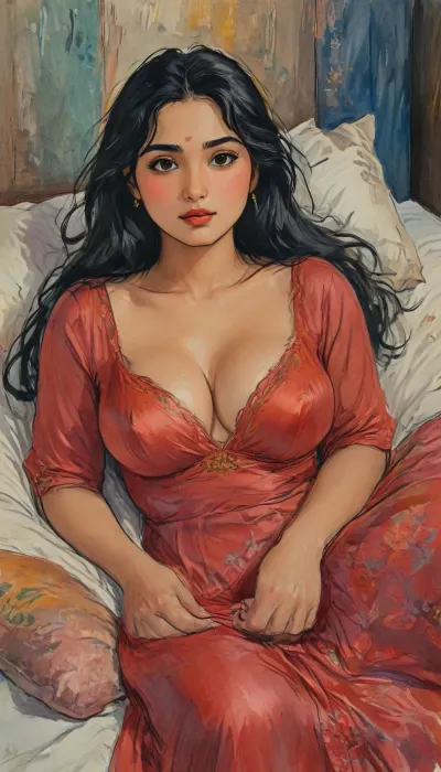 a hand drawn illustration of 30-year-old Indian woman, curvy Indian school teacher, full-figured, chubby body, top angle view, lying forward in bed, soft bed surface, wearing royal red elegant silky night gown, modest but sensual silk nightwear, deep neckline but fully clothed, large natural breasts with visible cleavage, smooth shiny silk gown hugging curves, silky smooth skin, lusty, seductive face, very long black hair spread on the pillow, dim warm bedroom lighting, nighttime mood with soft shadows, Indian bedroom background, natural Indian beauty, sensual but not nude, artistic, gufeng influence, ink and wash textures, ac_neg1, j_cartoon, <lora:J_cartoon:1.2>, <lora:Sattar_Bahlulzade:2>, <lora:detailed_notrigger:1>, <lora:Eldritch_SketchDraw:1>