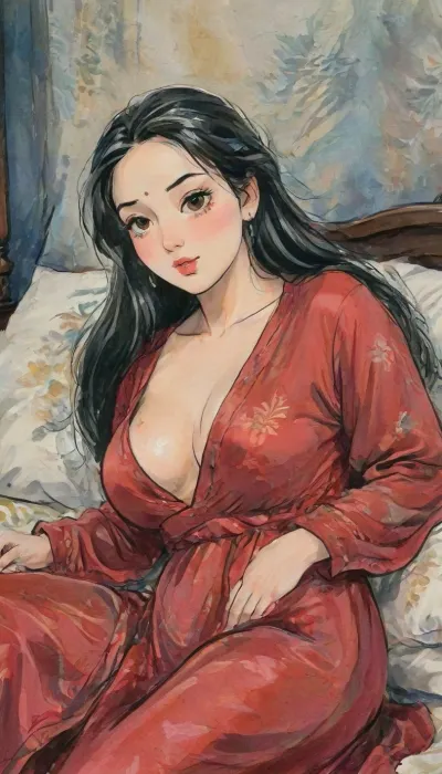 a hand drawn illustration of 30-year-old Indian woman, curvy Indian school teacher, full-figured, chubby body, top angle view, lying forward in bed, soft bed surface, wearing royal red elegant silky night gown, modest but sensual silk nightwear, deep neckline but fully clothed, large natural breasts with visible cleavage, smooth shiny silk gown hugging curves, silky smooth skin, lusty, seductive face, very long black hair spread on the pillow, dim warm bedroom lighting, nighttime mood with soft shadows, Indian bedroom background, natural Indian beauty, sensual but not nude, artistic, gufeng influence, ink and wash textures, ac_neg1, j_cartoon, gufeng, hand-drawn, style, ink, wash, <lora:J_cartoon:1.2>, <lora:Sattar_Bahlulzade:2>, <lora:detailed_notrigger:1>, <lora:gufeng_ink_wash_xl_v2:1>