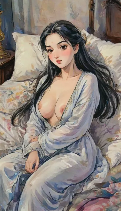 a hand drawn illustration of 30-year-old Indian woman, curvy Indian school teacher, full-figured, chubby body, top angle view, lying forward in bed, soft bed surface, wearing royal white elegant silky night gown, modest but sensual silk nightwear, deep neckline but fully clothed, large natural breasts with visible cleavage, smooth shiny silk gown hugging curves, silky smooth skin, lusty, seductive face, very long black hair spread on the pillow, dim warm bedroom lighting, nighttime mood with soft shadows, Indian bedroom background, natural Indian beauty, sensual but not nude, artistic, gufeng influence, ink and wash textures, ac_neg1, j_cartoon, gufeng, hand-drawn, style, ink, wash, <lora:J_cartoon:1.2>, <lora:Sattar_Bahlulzade:2>, <lora:detailed_notrigger:1>, <lora:gufeng_ink_wash_xl_v2:1>