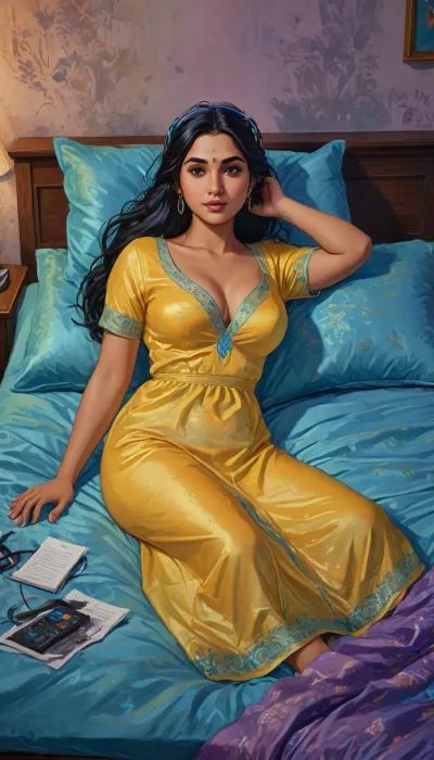 A hand-drawn illustration of a 30-year-old Indian woman, curvy Indian school teacher, full-figured, chubby body, top angle view, lying forward in bed, soft bed surface, wearing a royal yellow elegant silky night gown with glowing neon blue accents and integrated smart fabric technology, modest and tasteful silk nightwear featuring embedded holographic displays and LED-lit seams, deep neckline with elegant tech-enhanced design but fully clothed, smooth shiny silk gown hugging curves with dynamic light patterns, silky smooth skin, confident and alluring face, very long black hair spread on the pillow with subtle holographic highlights, enhanced with a sleek augmented reality headset resting on her head, dim warm bedroom lighting infused with neon purple and cyan tones, nighttime mood with soft shadows and futuristic tech elements, Indian bedroom background with cyberpunk circuitry, holographic decor, and a floating digital interface, natural Indian beauty, artistic, gufeng influence blended with cyberpunk textures, ink and wash with digital neon effects, flat colors with vibrant gradients, GTA-ish, <lora:J_cartoon:1.2>, <lora:Sattar_Bahlulzade:2>, <lora:detailed_notrigger:1>, <lora:437107_training_data:1.6>