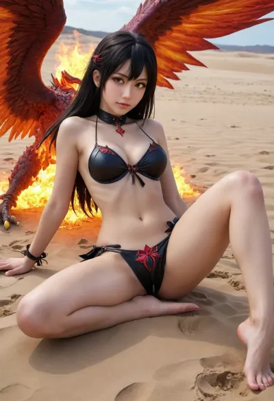 slutty bow hunter, full body, young, nipple, topless, medieval, skirt, panties, Akeno Himejima from high school dxd, abstract beauty, approaching perfection, dynamic, sitting on sand, sahara, sleeping, ass, serene faces, symmetrical balance, realistic hyper-detail, fantasy illustrations, glowing eyes, fire wings, flying, alluring, bandit woman