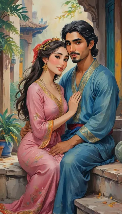 A romantic hand-drawn illustration of an arabic couple, (one male and one female couple), on streets of modern dubai. Close-up view, sitting together on steps outdoors. The woman is wearing an elegant abaya outfit, with large breast, large cleavage, voluptuous body type, stylish hair style. and the man is dressed casually. They are sitting together playfully, looking directly at the viewer with joy, happy expressions. The man has his arms wrapped around her neck in a tender embrace, and the woman’s face is breathtakingly beautiful, radiating grace and charm. Their connection is deep and genuine, with the woman exuding beauty and serenity. romantic, poetic, artistic, gufeng influence, ink and wash textures, Saree, Indian, ac_neg1, Influencer, Model, j_cartoon, <lora:transparent-saree:.8>, <lora:sdxl_vae:.8>, <lora:J_cartoon:1.2>, <lora:detailed_notrigger:1>, <lora:Sattar_Bahlulzade:2>