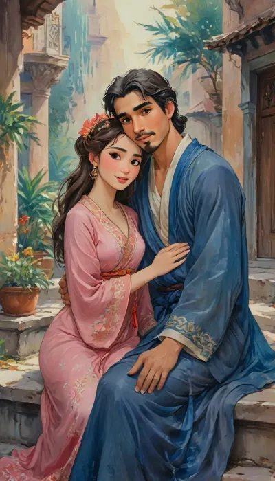 A romantic hand-drawn illustration of an arabic couple, (one male and one female couple), on streets of modern dubai. Close-up view, sitting together on steps outdoors. The woman is wearing an elegant abaya outfit, with large breast, large cleavage, voluptuous body type, stylish hair style. and the man is dressed casually. They are sitting together playfully, looking directly at the viewer with joy, happy expressions. The man has his arms wrapped around her neck in a tender embrace, and the woman’s face is breathtakingly beautiful, radiating grace and charm. Their connection is deep and genuine, with the woman exuding beauty and serenity. romantic, poetic, artistic, gufeng influence, ink and wash textures, ac_neg1, j_cartoon, <lora:J_cartoon:1.2>, <lora:detailed_notrigger:1>, <lora:Sattar_Bahlulzade:2>