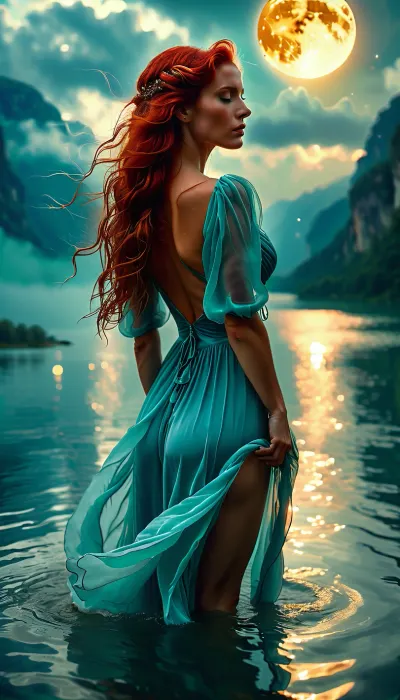 Close up, 30 year seductress emerging from a very misty lake. blue seafoam satin dress with long pleated skirt clinging to her slim letite body, 34c cleavage, erotic, sexy dress, she is coming to seduce you. Long red hair, legs apart and skirt slightly lifted, seductive. Very dark Misty foggy evening, short petite woman, cloudy, sky, sun, moon, <lora:BUT_SDXL_SHS:1.6>, <lora:SDXLFaeTastic2400:1.3>, <lora:MJ52:1.4>, <lora:PAseer-SDXL-FarOfTheSun:.8>