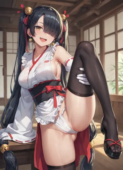 score_9, score_8_up, score_7_up, 1girl, breasts, hair over one eye, holding own leg, indoors, large breasts, leg up, long hair, looking at viewer, nude, open mouth, pumps, ribbon, shoes, solo, thighhighs, thighs, twintails, very long hair, Black hair, Kagura, miko, black hair, very long twintails, hair low-tied ball bell, long wide ribbon-trimmed white sleeves, japanese clothes, white fundoshi, sash, behind waist long ribbon, black thighhighs, apron black print, medium breasts, glove, japanese temple room, evil smile, <lora:Kagura_IL:.5>, BREAK cowboy_shot, smile, brown eye