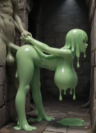 dungeon, stone walls, green skin, (slime girl, monster girl:1.8), stretching anus, huge breast, naked, anal penetratio, (huge cock:1.2), (man fuck slime girl:1.3), standing doggystyle, side view, legs spread
