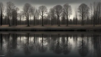 Several trees by the water with reflections. And in a black background.