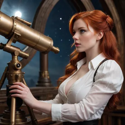In a steampunk-styled observatory, a young scientist, (25, red head, big breast), is looking at a comet in a telescope, (pointing up to the sky), . She wears a white blouse, (deep cleavage), Night, low light, prefect eyes, masterpiece, 8k