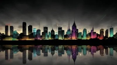 Several City silhouette with reflections and different colors. And in a black background.