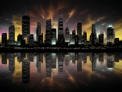 Several City silhouette with reflections and different colors. And in a black background.