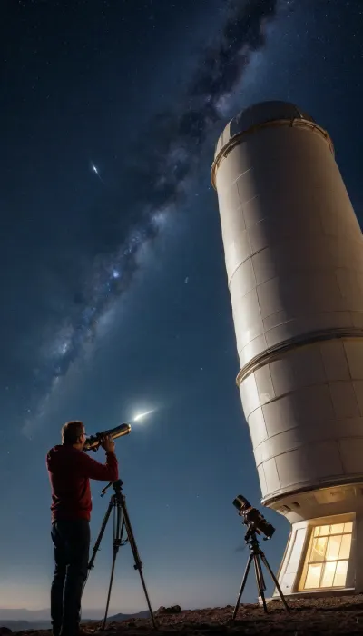 observatory, a comet, telescope, astronomer watching a comet with a telescope, on the right an astronomer with a telescope looking into space, (an astronomer with a telescope looking at the comet), on the right an observatory
