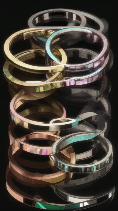 Several interlocking rings with reflections and different colors. And on a black background.