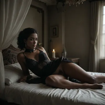 masterpiece, best quality, ultra HD, hyper-realistic, high res, ultra realistic 8k cg, The scene takes place on a king size victorian canopy bed, A beautiful petite African lady with black hair styled with a pony tail and fringe, (She is wearing a tight very short pink and black satin Cheongsam dress:1), She has dark smooth skin, no panties, hairy pussy, very seductive look, (She is relaxing on a canopy bed looking very seductive), It is nighttime and the patio is lit by a small candle on a nearby table, <lora:dark:.5>