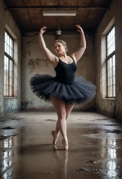 GLAMOUR MOVIE POSTER, FEMALE RUSSIAN OBESE BALLERINA, BLACK TUTU SKIRT. IN OLD INDUSTRIAL FABRIC ROOM, WATER ON FLOOR, CRACKS ON WALLS. IN THE STYLE OF EPIC MOVEMENT, DYNAMIC COMPOSITION, CINEMATIC COLOR GRADING, STUNNING, PHOTOREALISTIC, CHAOTIC ACTION, INTENSE EMOTION.