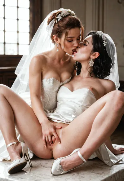 Hot lesbian girls sex scene, lesbian, 1 18-years-old young girl, beautifull body, beautifful face, nice boobs, sweet pussy, round ass, wearing large wedding dress, wedding veil on head, white stokings, white hug heel shoes + 1 old Lady cunilungus, hardcore cunilungus, lesbian sucking pussy, spread legs