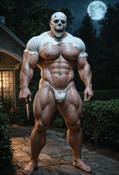 a beefy bodybuilder macho male, excessive hairy body, big pecs, (big pecs:1.2), big muscles, wearing ghostface mask on head, torn white thong, (torn thong:1.3), ripped plaide shirt, standing in dark garden at night, outside, at night, low lights, moonlights shining, horror cinematic, holding a knife, solo picture, hot teasing man, sexy scene, fantasy anime, full lenght body view, horror sexy man