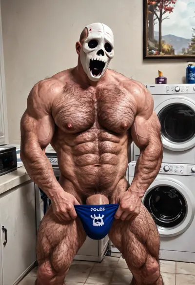 Hot solo gay man picture, a beefy bodybuilder macho male, excessive hairy body, (hairy body:1.7), big pecs, big muscles, abs, big large ass, wearing a scream’s ghostface mask, (big bule:1.5), naked but only a torn whie speedo, ((""sceam"" worn printed)), sit on Washing machine in dark kitche, legs spreaded, *scream movie style*, cinematic, holding a big knife, solo picture, hot teasing man, sexy scene, ghostface, mask, <lora:GhostfaceMask_v1_1:1>