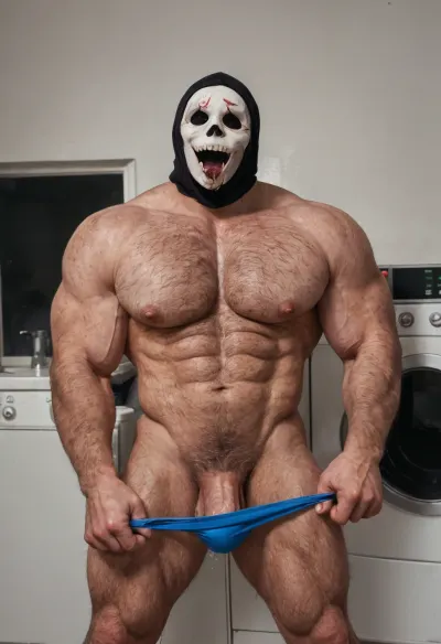 Hot solo gay man picture, a beefy bodybuilder macho male, excessive hairy body, (hairy body:1.7), big pecs, big muscles, abs, big large ass, wearing a scream’s ghostface mask, (big bule:1.5), naked but only a torn whie speedo, ((""sceam"" worn printed)), sit on Washing machine in dark kitche, legs spreaded, *scream movie style*, cinematic, holding a big knife, solo picture, hot teasing man, sexy scene, ghostface, mask, <lora:GhostfaceMask_v1_1:1>