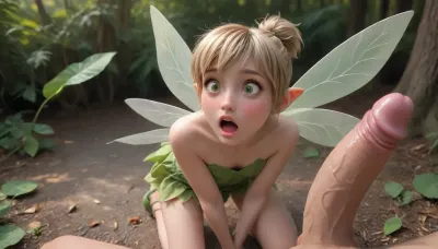 Le secret révélé

- Oui.

Dans une forêt luxuriante à l'heure dorée de midi, Tinkerbell, avec ses cheveux blonds attachés dans une courte queue de cheval, s'élève au-dessus des arbres. Elle porte une robe sans bretelles en feuilles, ses plats verts scintillant au soleil. À genoux devant une petite clairière, elle s'évanouit comme une onde de choc de cockshock l'engloutit, son visage pâle et choqué. La figure devant elle, avec une énorme queue debout, révèle son désir secret de révéler sa virilité à la fée.