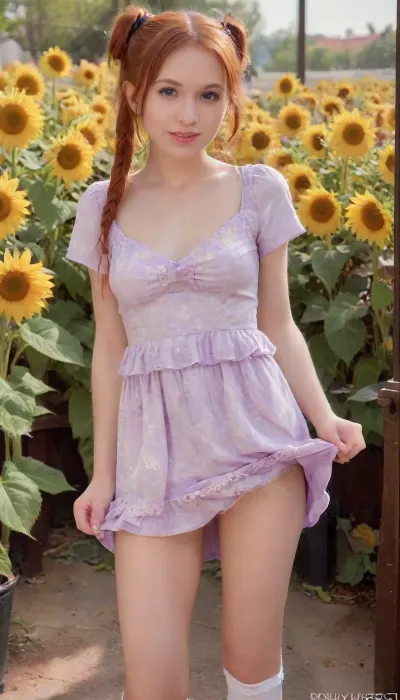 (((Detailed full-length realistic photograph, sharp focus, professional photography, masterpiece, fine detail))), (((1girl))), (((Dolly Little pornstar, petite girl, auburn hair in double buns, slender legs))), (((Dark purple 1940s loose fitting casual summer mini dress, short sleeves, pleated, white floral pattern))), (((no panties))), (((perfect smooth pussy))), (((blue Converse All-Star sneakers))), (((full body visible))), (((pulling up dress to expose pussy))), (((background of sunflowers))), sunflower, f13ld, godpussy, skirtlift, dollylittle, ruffle, mini, dress, <lora:sunflower_f13ld:2>, <lora:SDXL_GodPussy_v1:1.2>, <lora:skirtlift_xl:1.3>, <lora:dollylittle:2>, <lora:BT_Ruffle_Mini_Dress_XL:2>