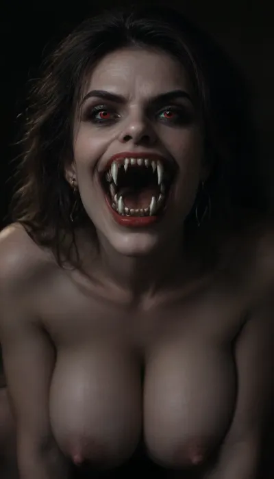 ((ultimate realistic photo)), (Viewed from the knees up:1.6), ((25 yo vampire girl with red eyes)), (huge round tits:1.7), (full red lips), (((large breasts)), very pale textured skin, ((her mouth slightly open showing her fangs)), (((2 long sharp fangs))), (((very long vampire fangs:1.4))), in the woods at night goddess, gracious, sexy, fierce, forceful, lascivious, fascinating, desirable, intoxicating, scary, eerie, ((evil smile showing fangs)), UHD 8K, cinematic masterpiece, maximum quality, maximum details, realism, score 9, score 8 up, score 7 up, (((2 long vampire fangs:1.9)))), <lora:Mistress_of_the_night-000016:1.7>, <lora:738835_training_data:2>, <lora:dark:1>, <lora:Subspecies style:.8>