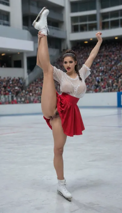 Ice skating rink, figure skating, public, audience, beautiful stunning italian bimbo model skater, (wearing red skirt, transparent blouse), black braided hair in tight bun, (standing split), no panties, huge bulging hairy vulva wide open, gaping hairy pussy, (gaping anus:1), long legs, micro waist, (massive saggy long tits:1.6), side view 3/4, ((dark fat​ pussy, dark puffy​ pussy)), (on skates), without panties, detailed perfect pretty face, detailed huge perfect eyes, make up, full red lips, open mouth, perfect teeth, detailed perfect hands, seductive, looking to the viewer, detailed perfect huge eyes, detailed perfect face, full body view, green, blue, brown, perfecteyes, detailed, eyes, perfect, freckles, skin, texture, photorealistic, 8k mmasterpiece, <lora:Figure_Skater:1>, <lora:Creat0r_MagicDetailzV2_FIX:.8>, <lora:PerfectEyesXL:.8>, <lora:Super_Eye_Detailer_By_Stable_Yogi_SDPD0:1.5>