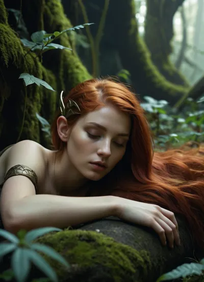 1 a 22-year-old red head girl is sleeping. Dark fantasy scene-dystopia with a very detailed and atmospheric environment. The world is ruined, but magical — overgrown ruins polluted with glowing anomalies, perverted nature and remnants of vanished civilizations. The light is dim or unnatural, casting eerie shadows. Creatures and characters are mystical, hybrids, animal-like creatures, elves or fairies with dangerous or wild traits. The art style combines elements of cyberpunk and medieval fantasy, featuring muted colors, metallic textures, glowing runes, and post-apocalyptic flora. Emphasize mystery, corruption, and hidden ancient power, fingering, schlick, masturbation, wide angle, space, large scale, backdrop
