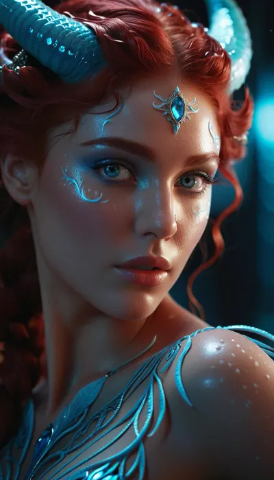 Ultrarealistic portrait of a mystical humanoid with delicate curved horns, glowing intricate pattern on the skin, hyperdetailed face, sharp cheekbones, flawless skin texture, deep heterochromatic eyes, (eyes ice-blue), realistic wet effect in the eyes, full natural lips, red hair, soft cinematic lighting, fantasy atmosphere, 8K, Unreal Engine 5, photorealistic, dramatic shadows, upper body shots, wide angle, shot from abdomen and up, art by Artgerm and WLOP, D3m0n, D4nc1ng, movement, dancing, portrait, girl, <lora:Demon_Dancing:.4>, <lora:EnvyInfernalXL01:1.6>, <lora:EnvyZoomSliderXL01:1.4>