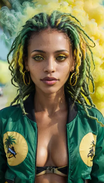 Sitting, a volouptous milf latina goddess, (), (in jamaican flag print zipped jacket with thong), midriff, bellybutton, ((standing in jamaican beach street)), ((reggae drums in background)), with, ((yellow colourful smoke in background:1.3)), (reggae style), oil portrait of a girl with massive bust, 20 year old, (huge rack on body), clothed completely, detailed background, dynamic pose, full body, massive lips, (green dreadlocks hair), (tropical), smile, ((detailed hazel eyes)), freckles, perfect eyes, dark skin tone, detailed skin, cinematic, great shading, moody lighting, (by Hope Gangloff:1), perfecteyes, <lora:lora-sdxl-perfect-eyes:.5>, <lora:add-detail-xl:1>, <lora:xl_more_art-full_v1:.8>, Photography, stvmccrr, style, <lora:stvmccrr:.8>, 4ng3l, face, <lora:SDXL_BetterFaces-LoRA_v1:.8>