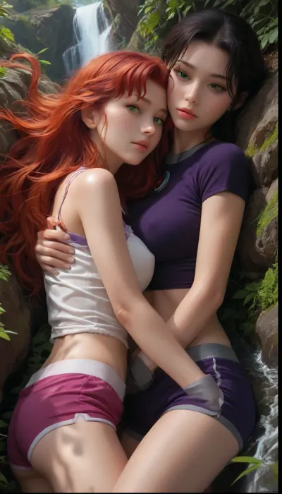 masterpiece, best quality, high resolution, hires, score_9, score_8_up, score_7_up, score_6_up, (DC comics titans starfire:1.4), bright purple two piece skin tight top and short shorts, long red flowing hair, green eyes, slim body, big breasts, perky gumdrop nipples, bright red pussy hair, big bush, (starfire using green magic), starfire is laying down sleeping with the other woman, (different short black haired woman laying down sleeping with starfire), sleeping, waterfall and jungle in background, detailed background, side view, close up, ratatatat74, incase style, anime fantasy, ohxw, red, hair, green, eyes, <lora:287175_training_data:1.3>, <lora:ratatatat74-000050:1.3>, <lora:1star-000004:1.3>
