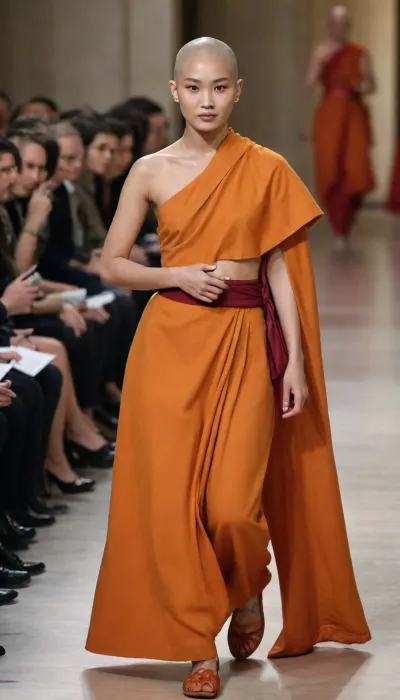 A bald 18-year-old Tibetan nun, dressed in a traditional saffron one-shouldered monk's kasaya, walks the high-end runway at Milan Fashion Week. The model posing, (modeling), receives applause from the public. She walks like a model, very determined and sure of herself. The camera captures her image as a self-confident woman. The cameramen photograph her and applaud her.