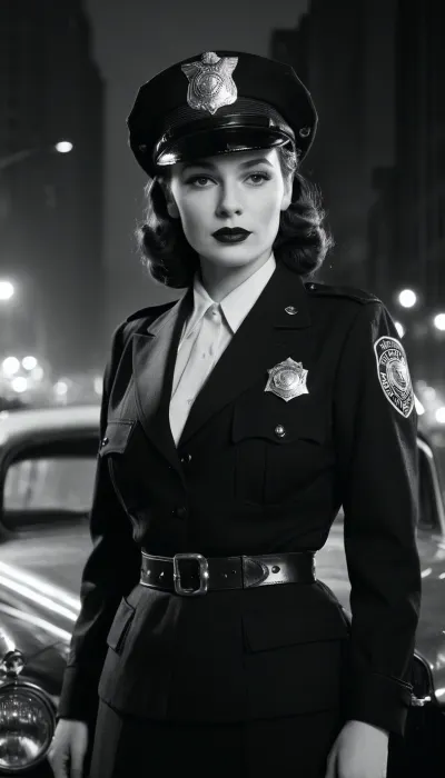 (Monochrome photograph:1.5), Beautiful female 1940s Chicago police officer, confident and composed with classic mid-century elegance. Slim but strong build, fair skin, bold lipstick, neatly styled 1940s hair tucked under a police cap. Wearing an authentic 1940s Chicago police uniform, navy jacket with brass buttons, badge pinned to chest, skirt or slacks with leather belt and holster. Standing on a rainy Chicago street at night beside a vintage patrol car, smoke rising from a manhole. Shot in authentic 1940s photography style, black and white, grainy film texture, subtle sepia tones, soft focus, dramatic noir lighting, realistic period accuracy.