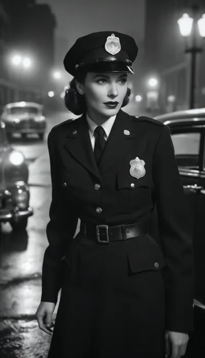 (Monochrome photograph:1.5), Beautiful female 1940s Chicago police officer, confident and composed with classic mid-century elegance. Slim but strong build, fair skin, bold lipstick, neatly styled 1940s hair tucked under a police cap. Wearing an authentic 1940s Chicago police uniform, navy jacket with brass buttons, badge pinned to chest, skirt or slacks with leather belt and holster. Standing on a rainy Chicago street at night beside a vintage patrol car, smoke rising from a manhole. Shot in authentic 1940s photography style, black and white, (grainy film texture:1.3), subtle sepia tones, soft focus, dramatic noir lighting, realistic period accuracy.